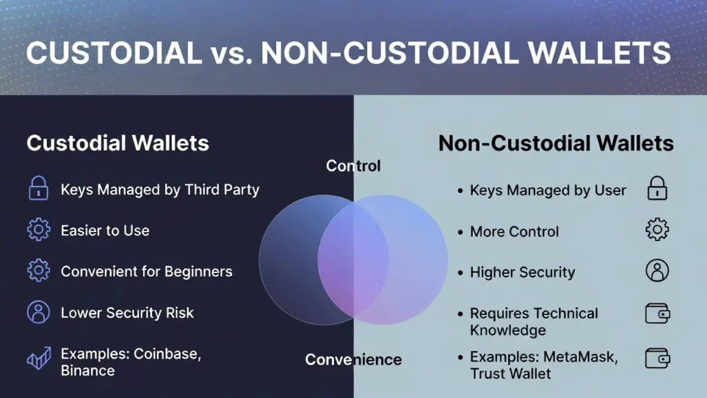 Custodial vs non-custodial crypto wallets comparison infographic