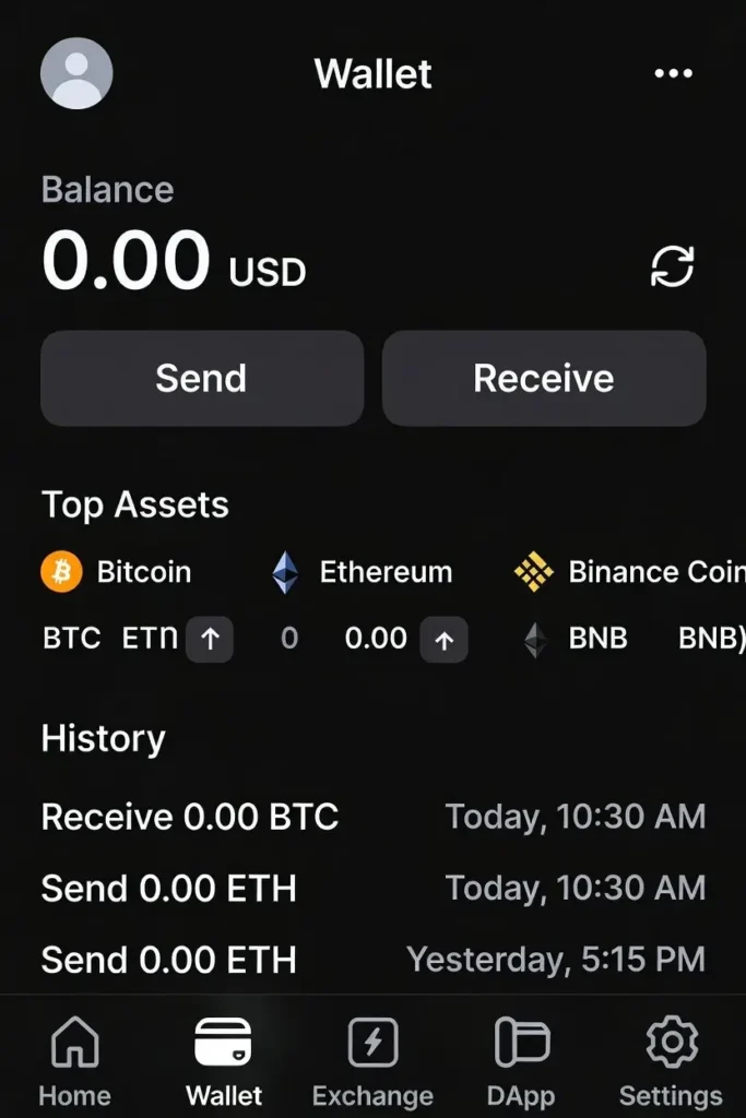 Mobile software wallet app interface example like Trust Wallet for everyday crypto use